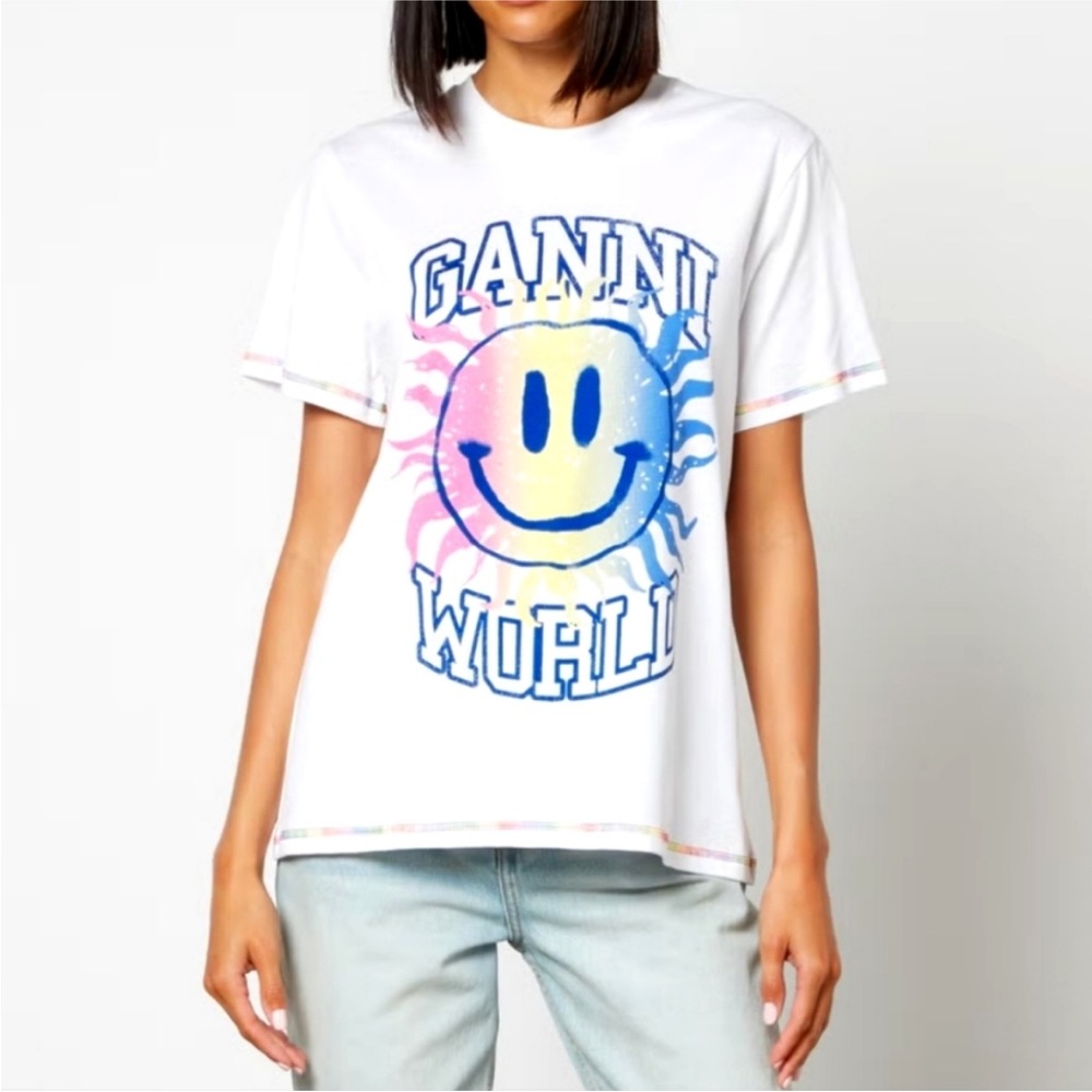Ganni Pink and White Smiley Graphic Short Sleeve Tee